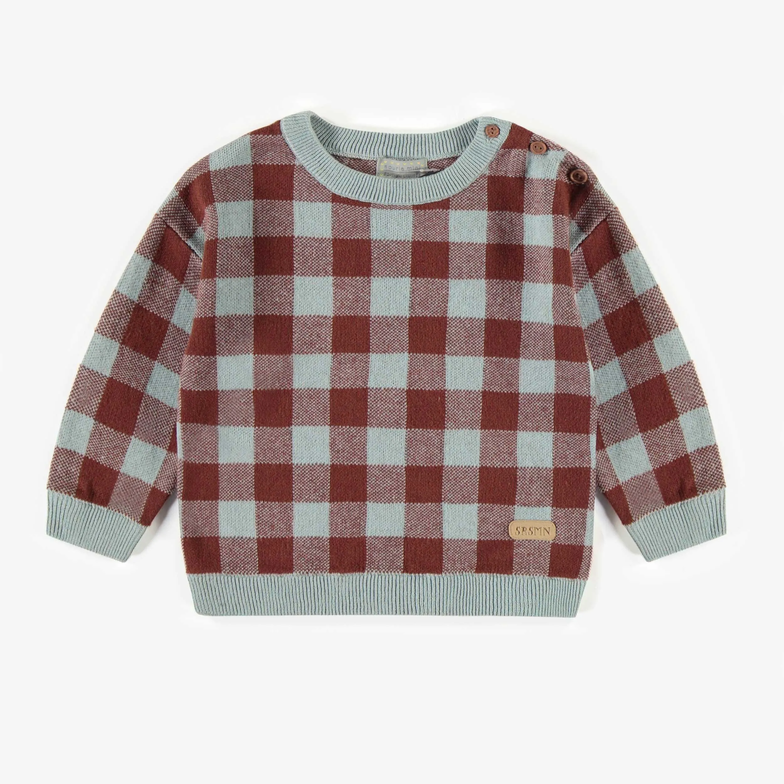 Chandail de maille à carreaux bleu et rouille, bébé || Blue and rust plaid knit sweater, baby