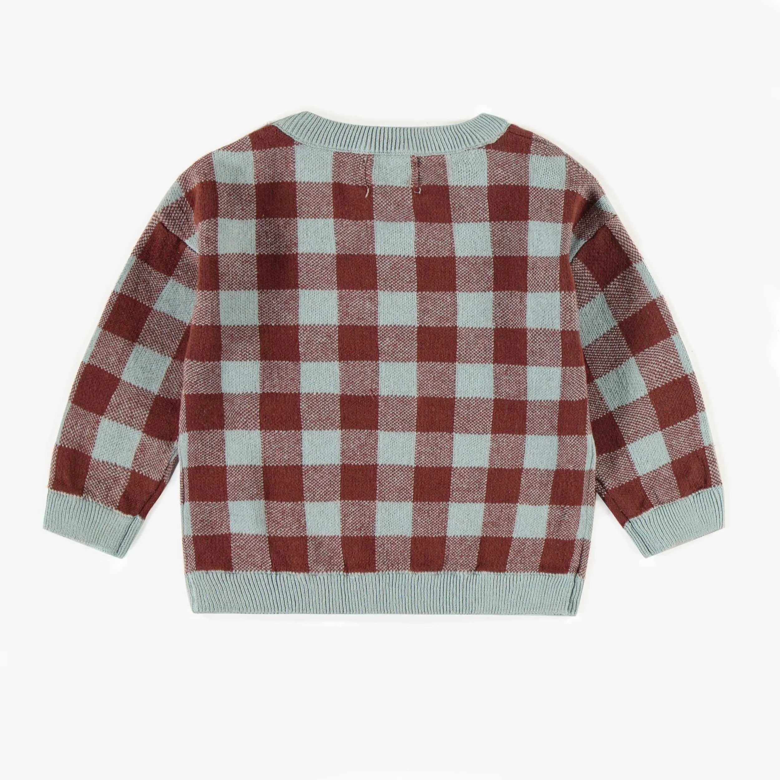Chandail de maille à carreaux bleu et rouille, bébé || Blue and rust plaid knit sweater, baby