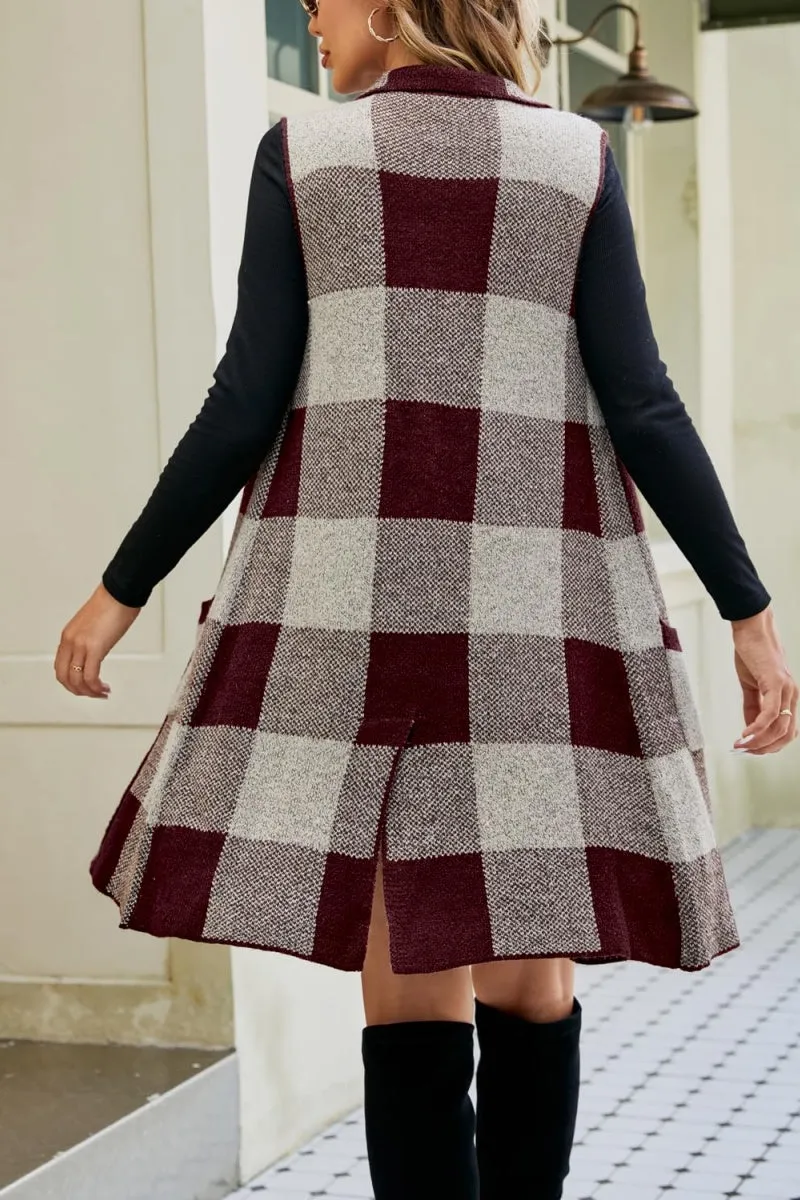 Chouyatou Women's Open Front Plaid Sweater Vest Notched Lapel Sleeveless Jacquard Knit Vest Jacket