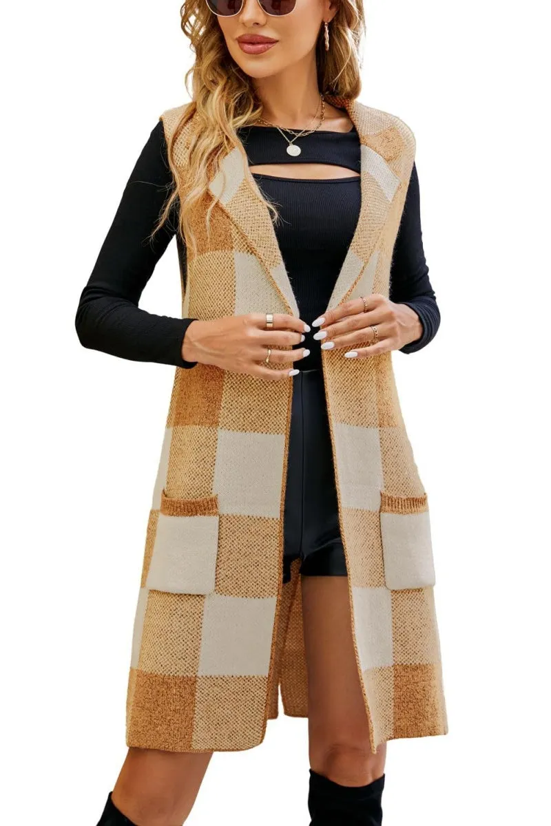 Chouyatou Women's Open Front Plaid Sweater Vest Notched Lapel Sleeveless Jacquard Knit Vest Jacket