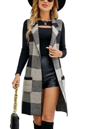 Chouyatou Women's Open Front Plaid Sweater Vest Notched Lapel Sleeveless Jacquard Knit Vest Jacket