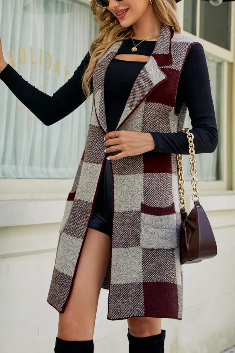 Chouyatou Women's Open Front Plaid Sweater Vest Notched Lapel Sleeveless Jacquard Knit Vest Jacket