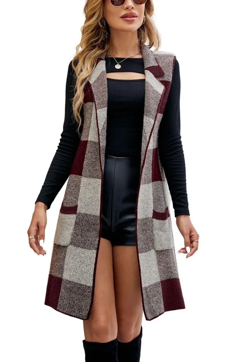 Chouyatou Women's Open Front Plaid Sweater Vest Notched Lapel Sleeveless Jacquard Knit Vest Jacket