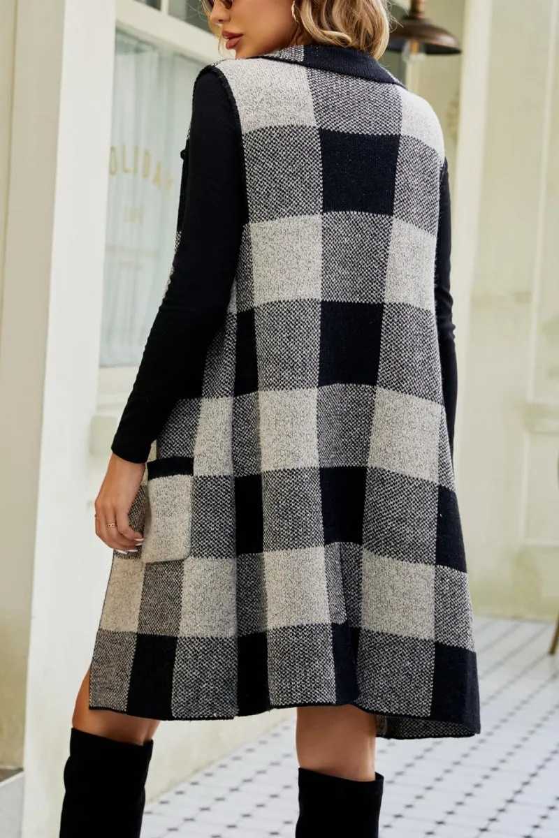 Chouyatou Women's Open Front Plaid Sweater Vest Notched Lapel Sleeveless Jacquard Knit Vest Jacket