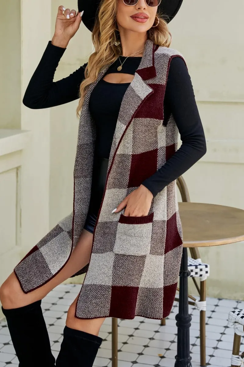 Chouyatou Women's Open Front Plaid Sweater Vest Notched Lapel Sleeveless Jacquard Knit Vest Jacket