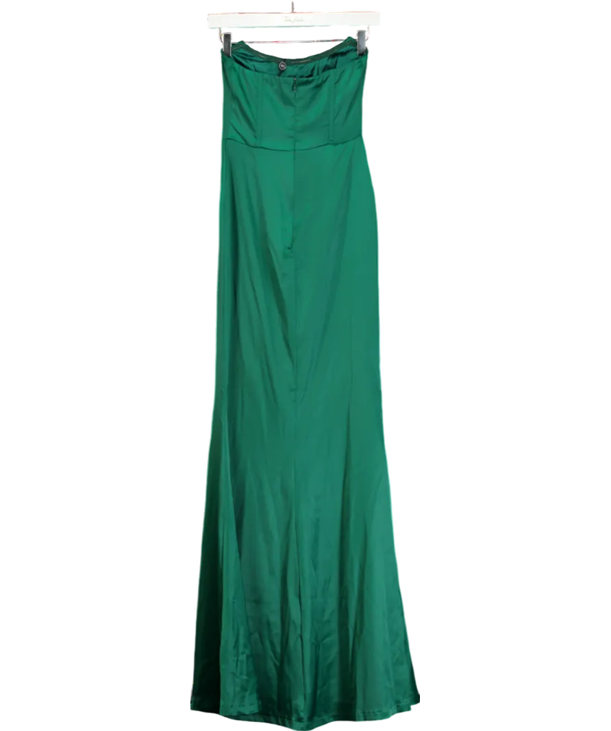 Club L Bottle Green Satin Strapless Corset Thigh Split Fishtail Maxi Dress UK 6