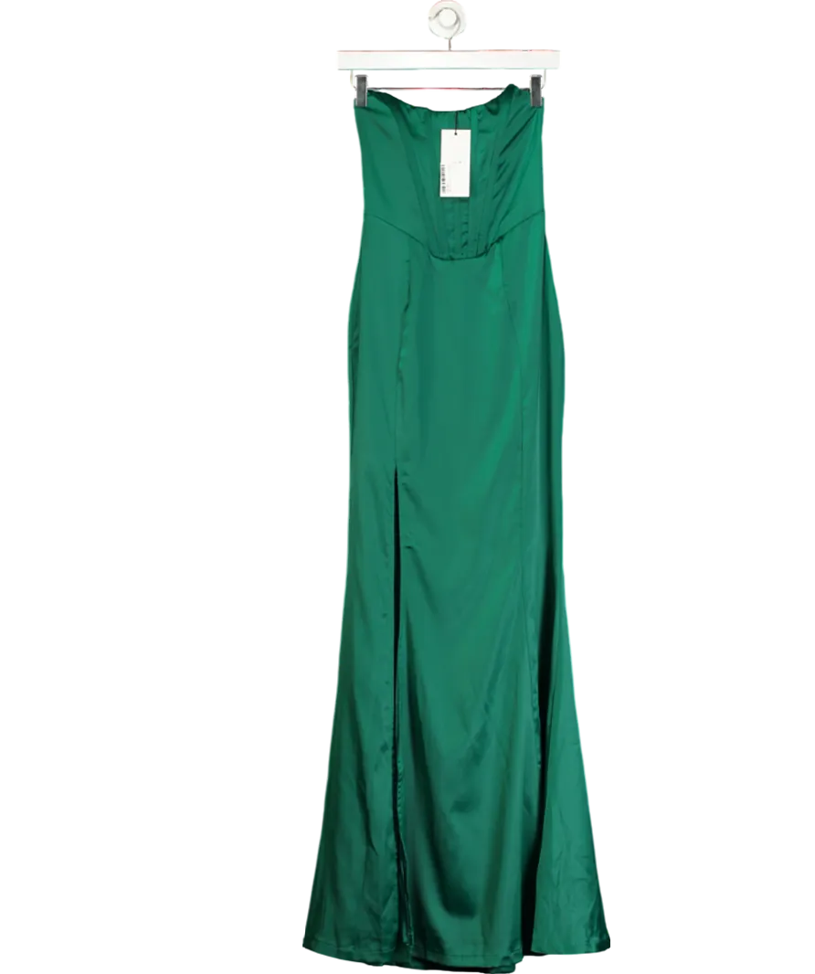 Club L Bottle Green Satin Strapless Corset Thigh Split Fishtail Maxi Dress UK 6