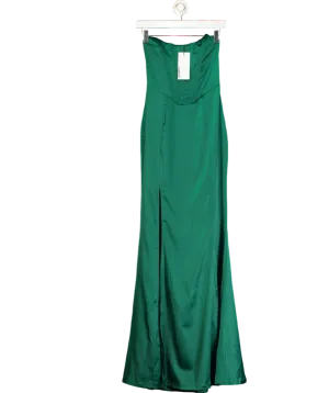 Club L Bottle Green Satin Strapless Corset Thigh Split Fishtail Maxi Dress UK 6