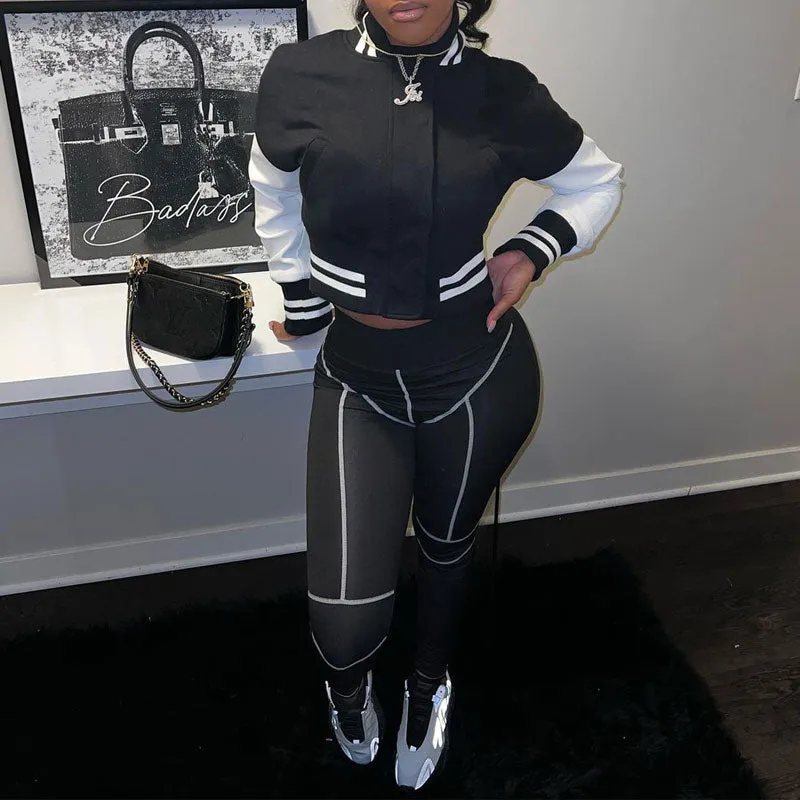 Colorblock Long Sleeve 2PCS Sports Pants Set