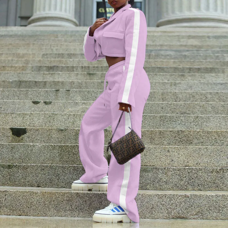 Colorblock Long Sleeve Pocket Design Top & Pants Set