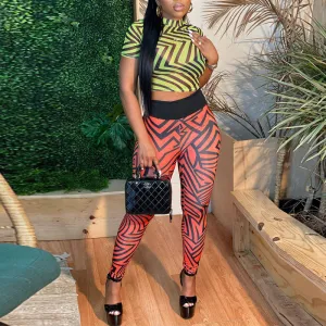 Colorful Print Short Sleeve Sheer Mesh 2PCS Pants Set