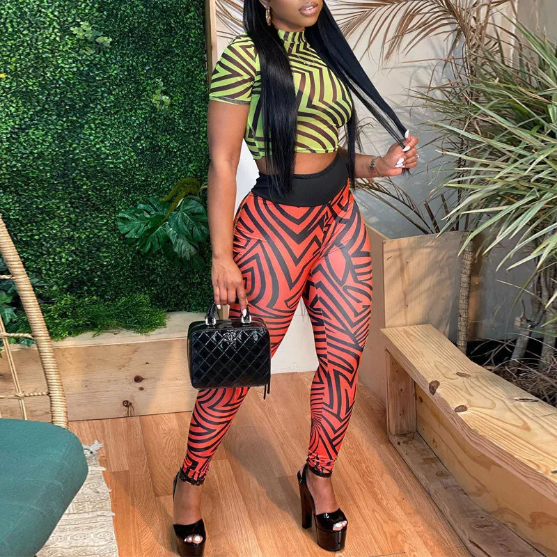 Colorful Print Short Sleeve Sheer Mesh 2PCS Pants Set