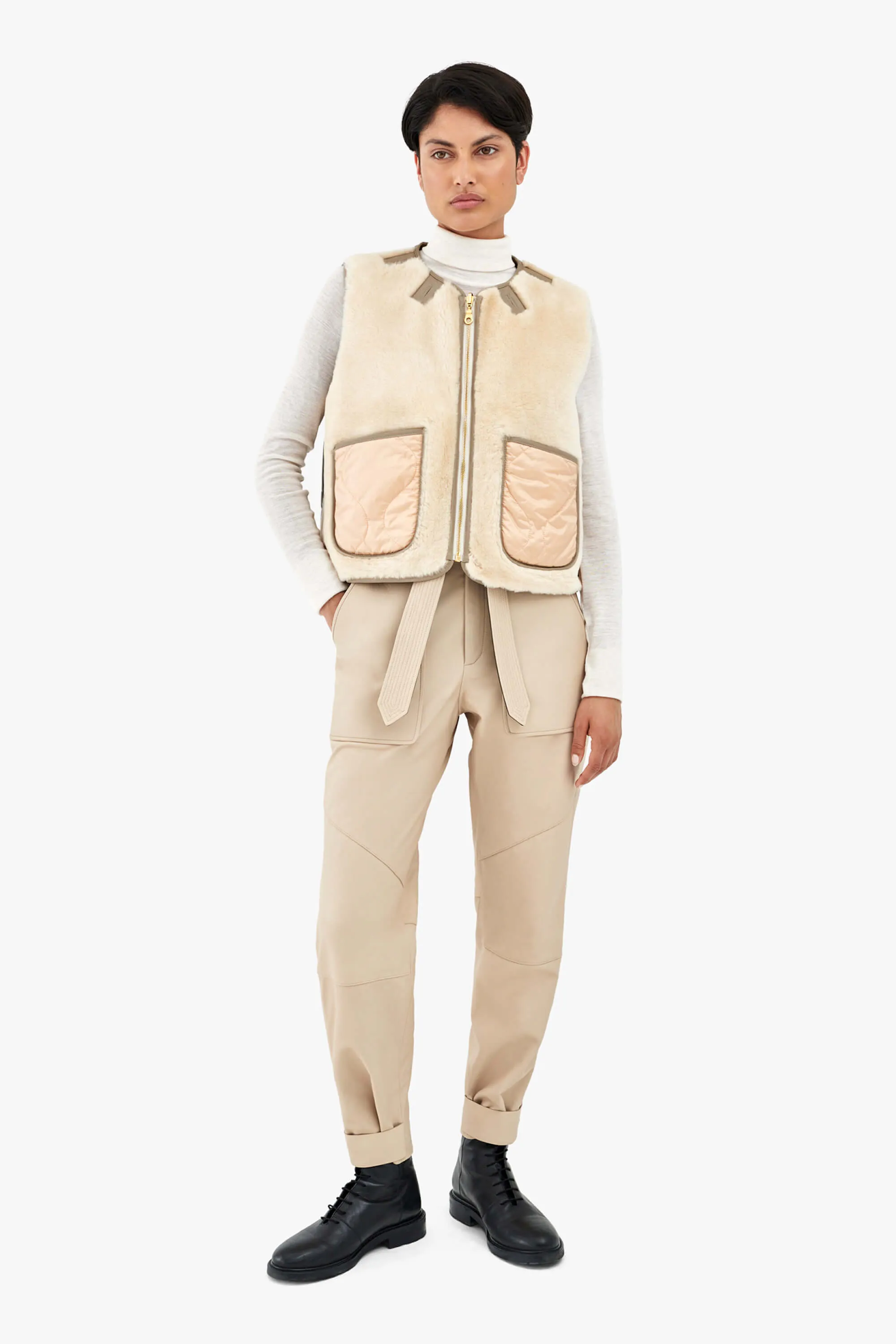 Cropped Aviator Shearling Vest - Fawn / Blush