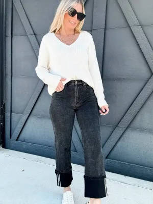 Cuffed Borrom Denim Pants In Black