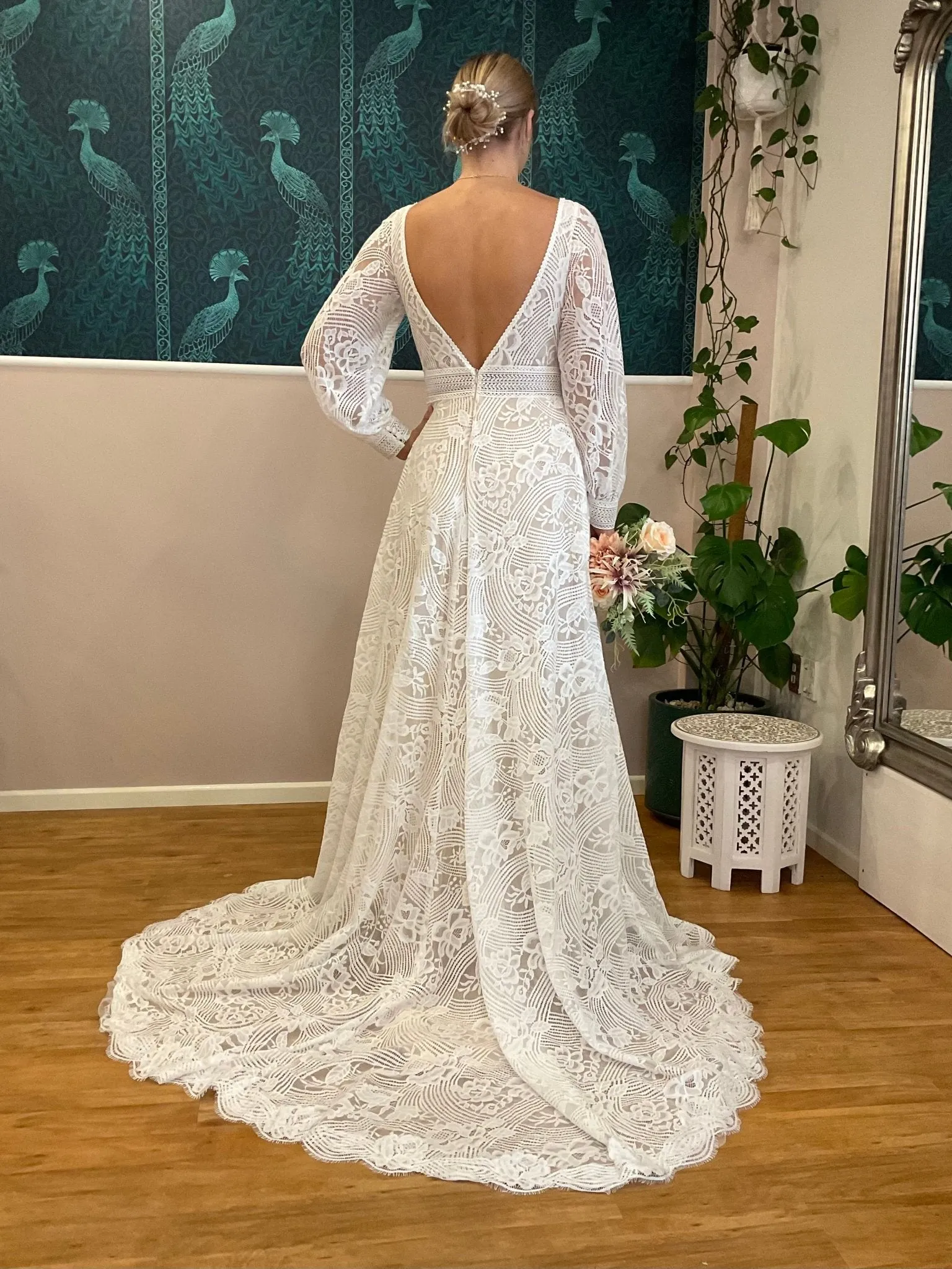 Cyndee Boho Sleeved Wedding Dress in Ivory/Nude Express NZ wide