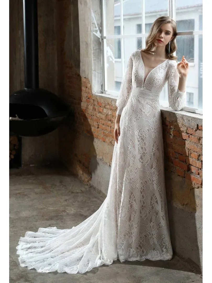 Cyndee Boho Sleeved Wedding Dress in Ivory/Nude Express NZ wide