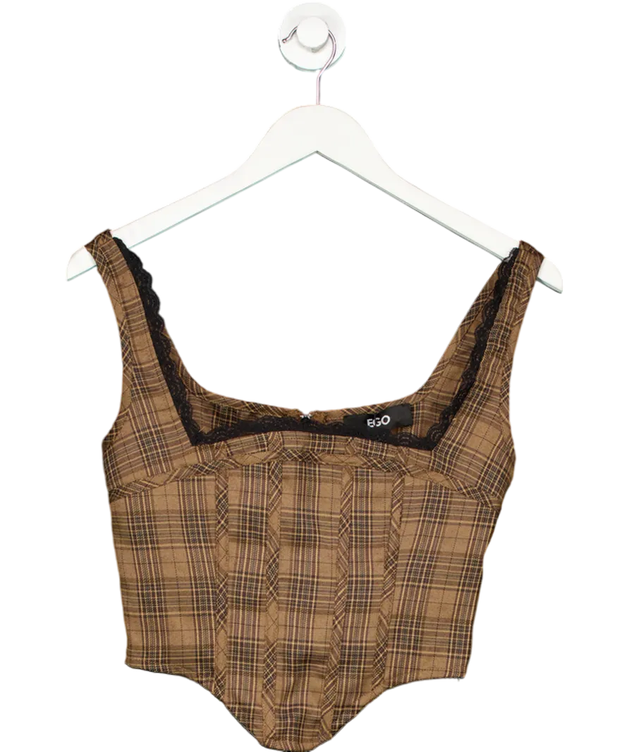Ego Brown Lace Trim Check Print Corset Top UK 8