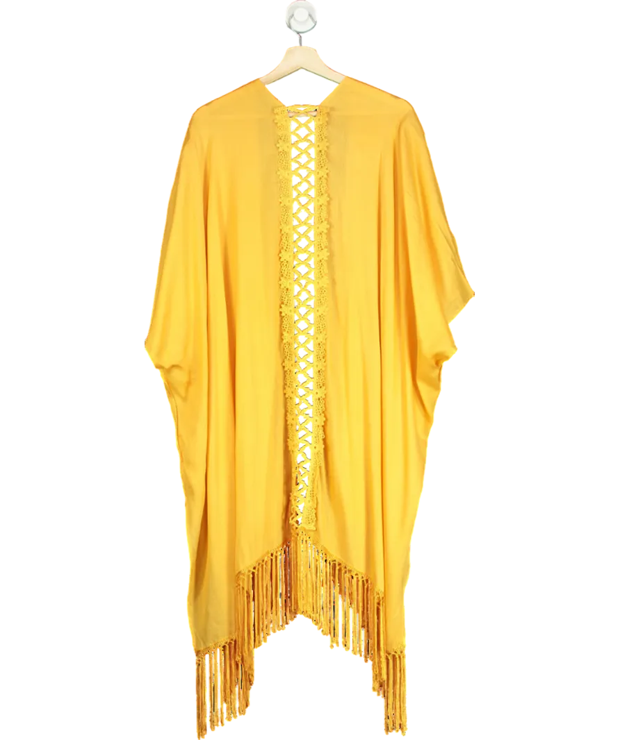 Elizabeth Gillett Yellow Solid Fringe Lace Kimono One Size
