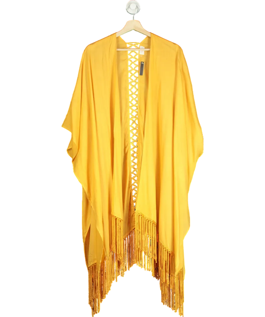 Elizabeth Gillett Yellow Solid Fringe Lace Kimono One Size