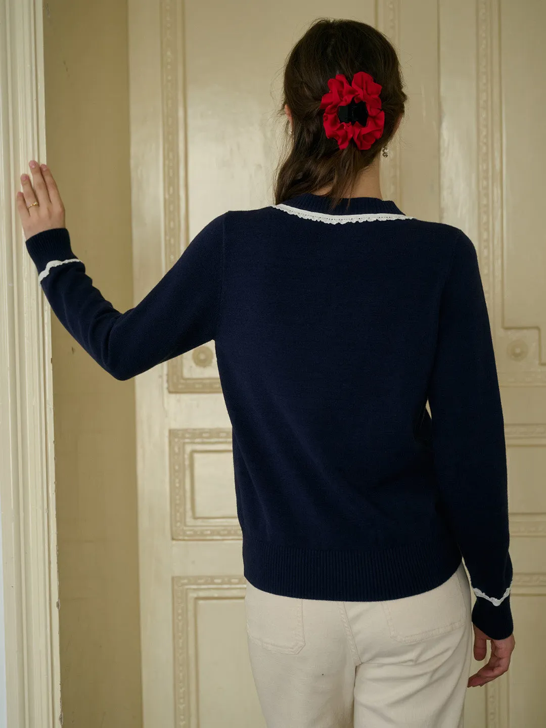 【Final Sale】Faye Women's Embroidered Color-Block Round Neck Cardigan