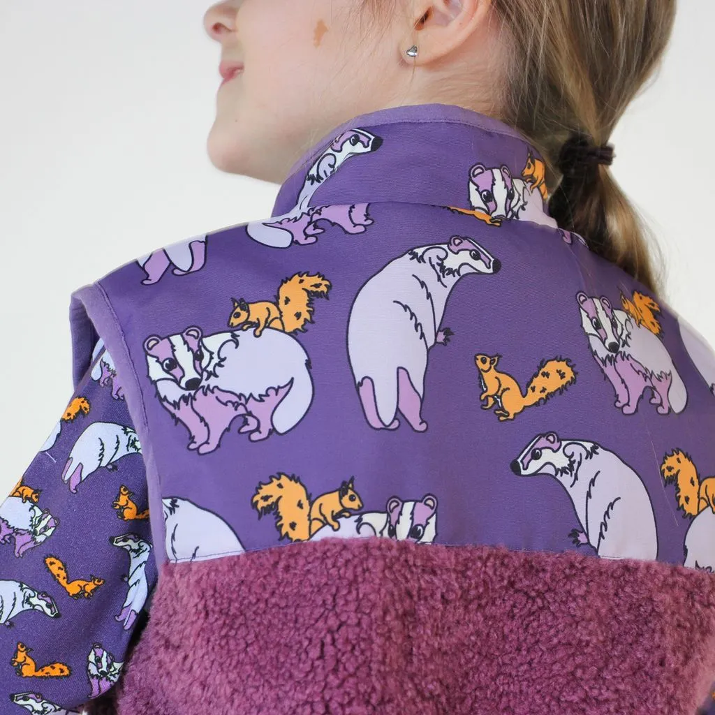 Fleece Badger and Squirrel Vest in Loganberry - 1 Left Size 2-3 years