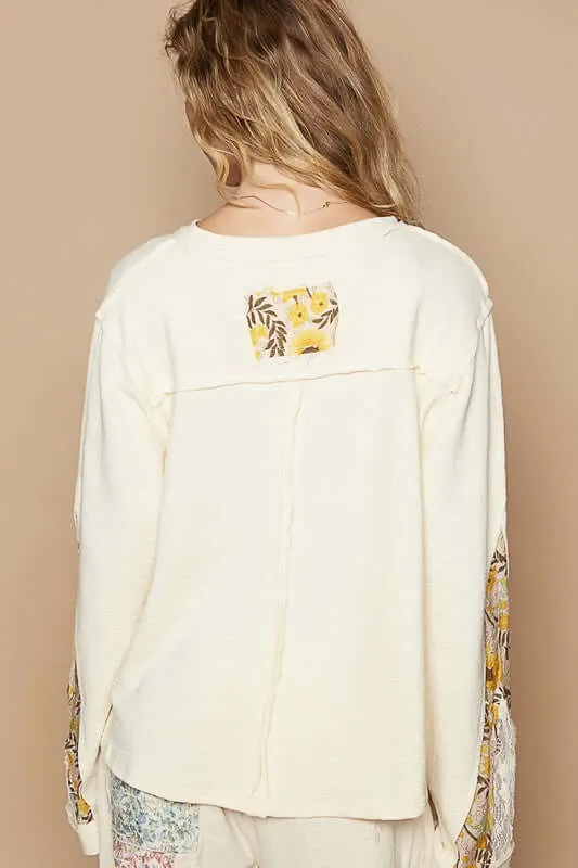Give it a Go Lace Detail Flower Printed V-Neck Knit Topi in Cream and Yellow