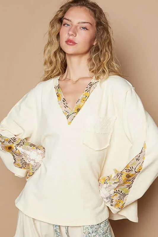 Give it a Go Lace Detail Flower Printed V-Neck Knit Topi in Cream and Yellow