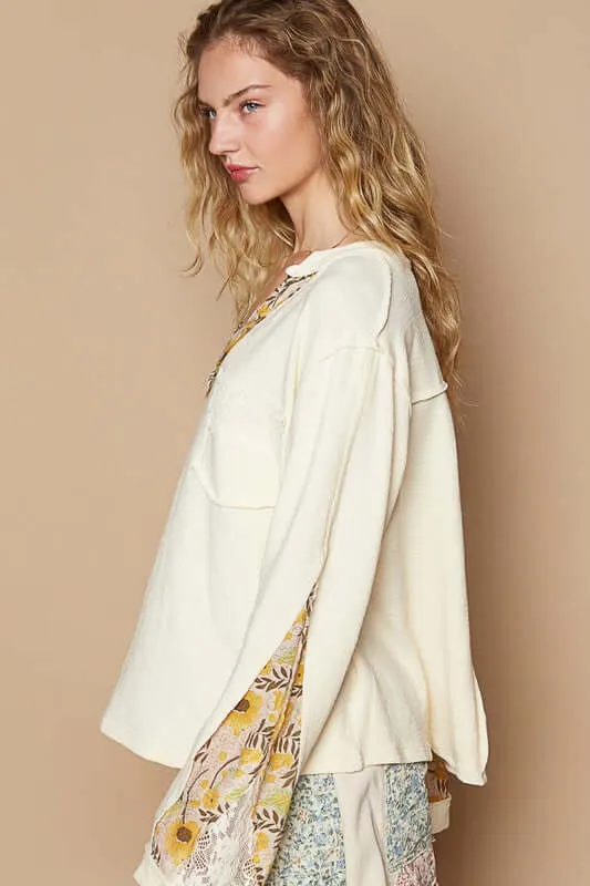 Give it a Go Lace Detail Flower Printed V-Neck Knit Topi in Cream and Yellow