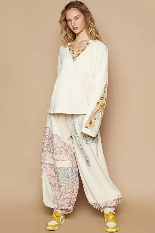 Give it a Go Lace Detail Flower Printed V-Neck Knit Topi in Cream and Yellow
