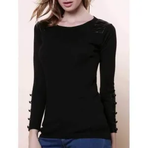 Graceful Scoop Neck Long Sleeves PU Leather Embellished Women's Slimming Fit Knitwear - Black One Size
