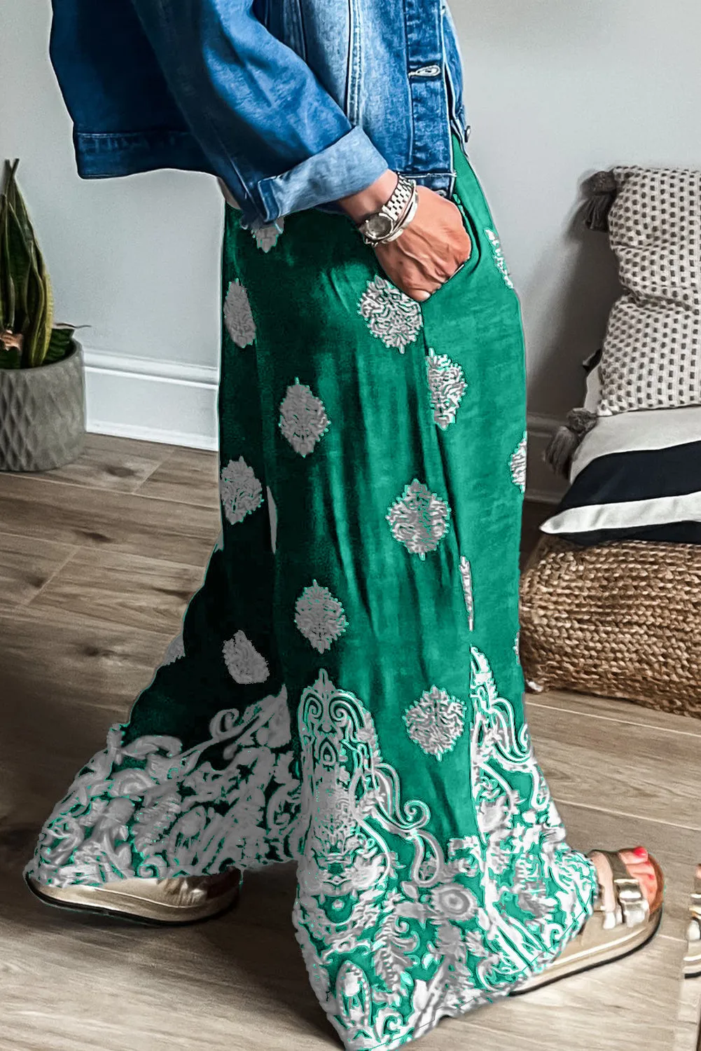 Green Bohemian Printed Drawstring Waist Wide Leg Pants