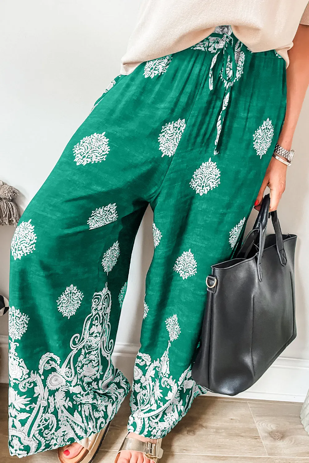 Green Bohemian Printed Drawstring Waist Wide Leg Pants
