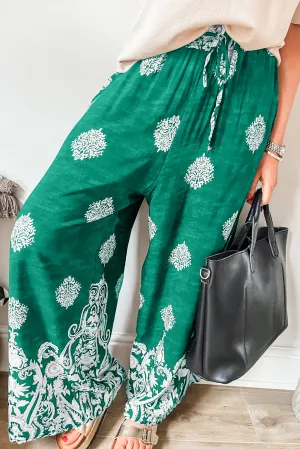 Green Bohemian Printed Drawstring Waist Wide Leg Pants