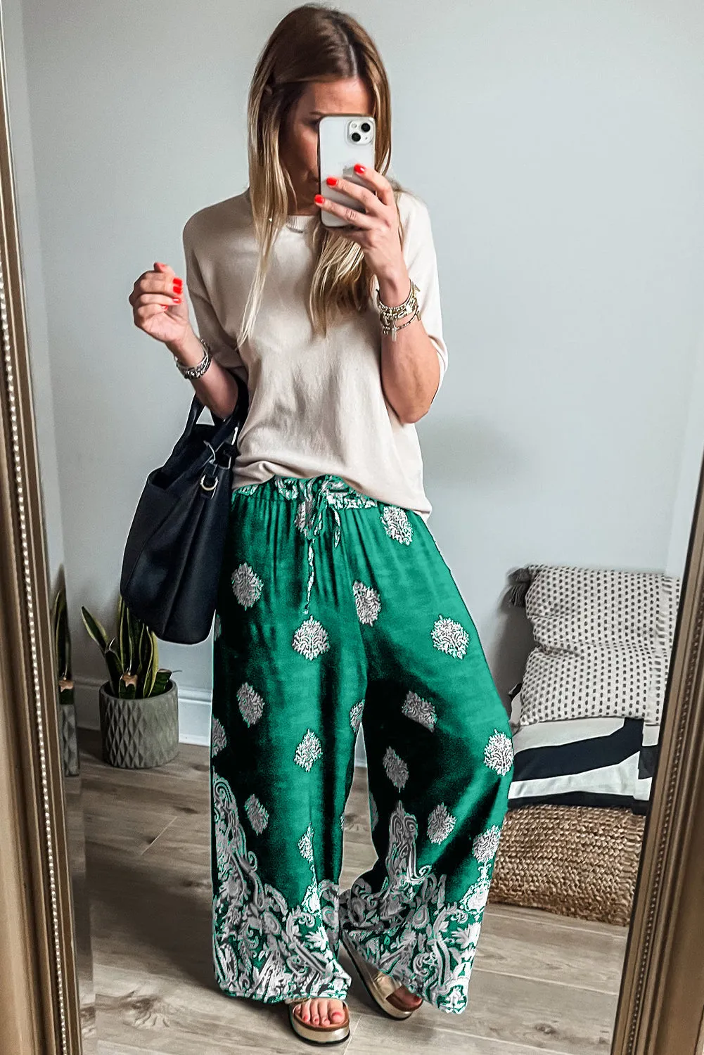 Green Bohemian Printed Drawstring Waist Wide Leg Pants