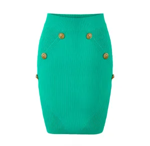 Green Knit Embellished Gold Buttons Skirt