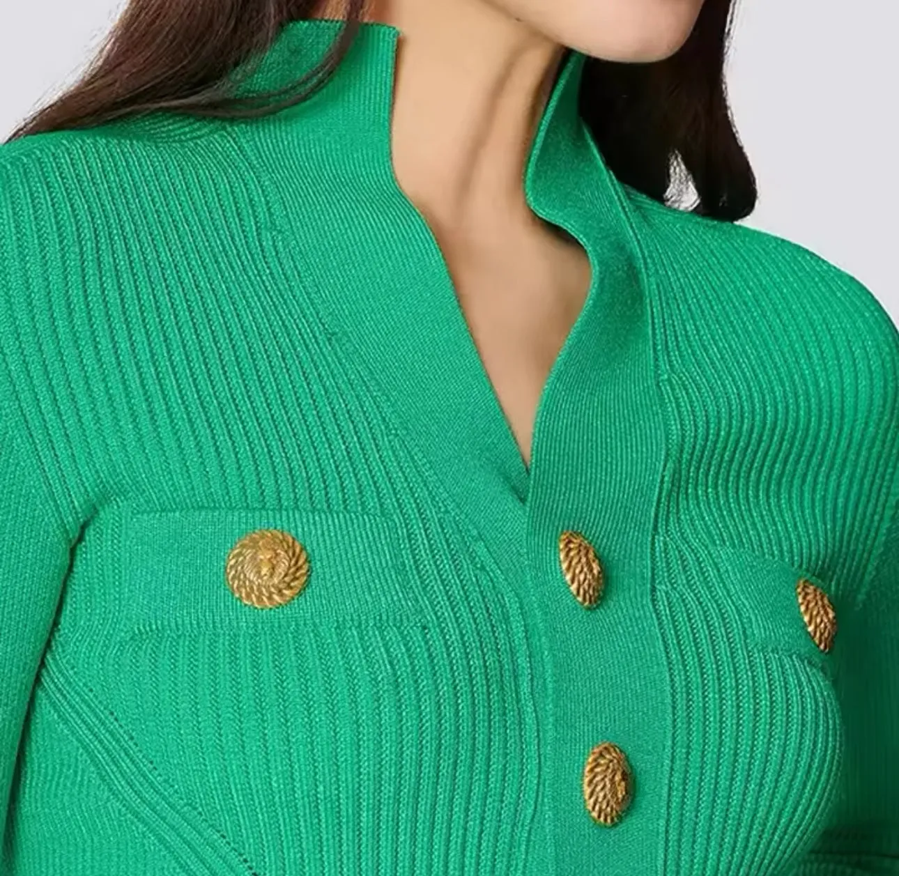 Green Knitwear Embellished Gold Buttons Top