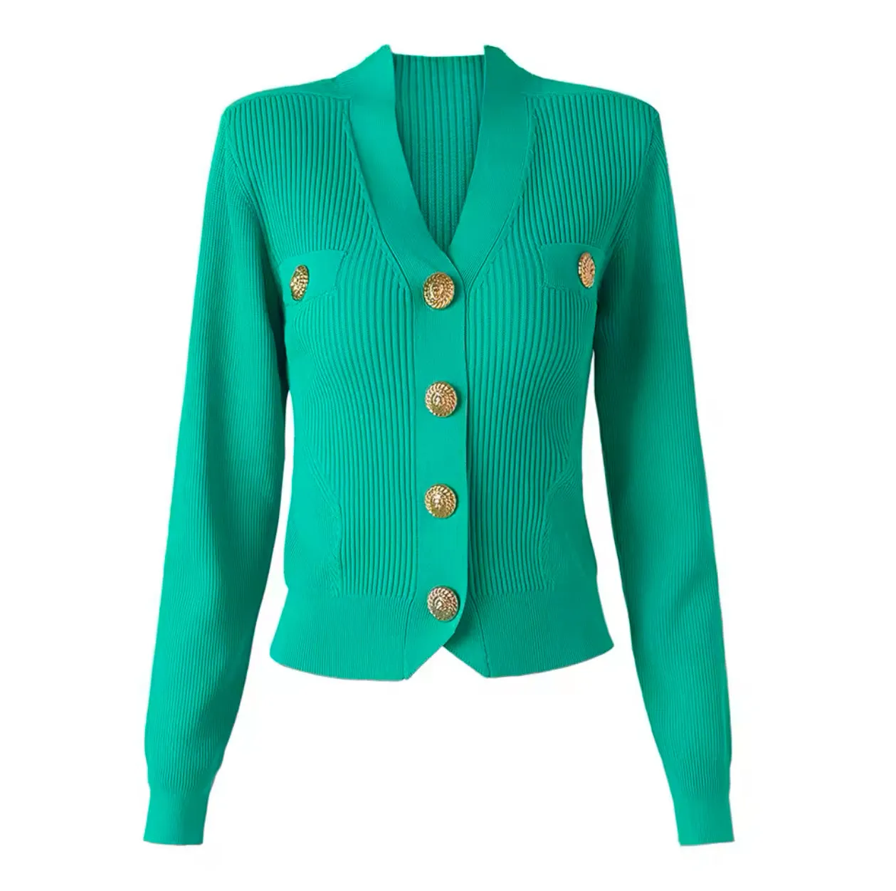 Green Knitwear Embellished Gold Buttons Top