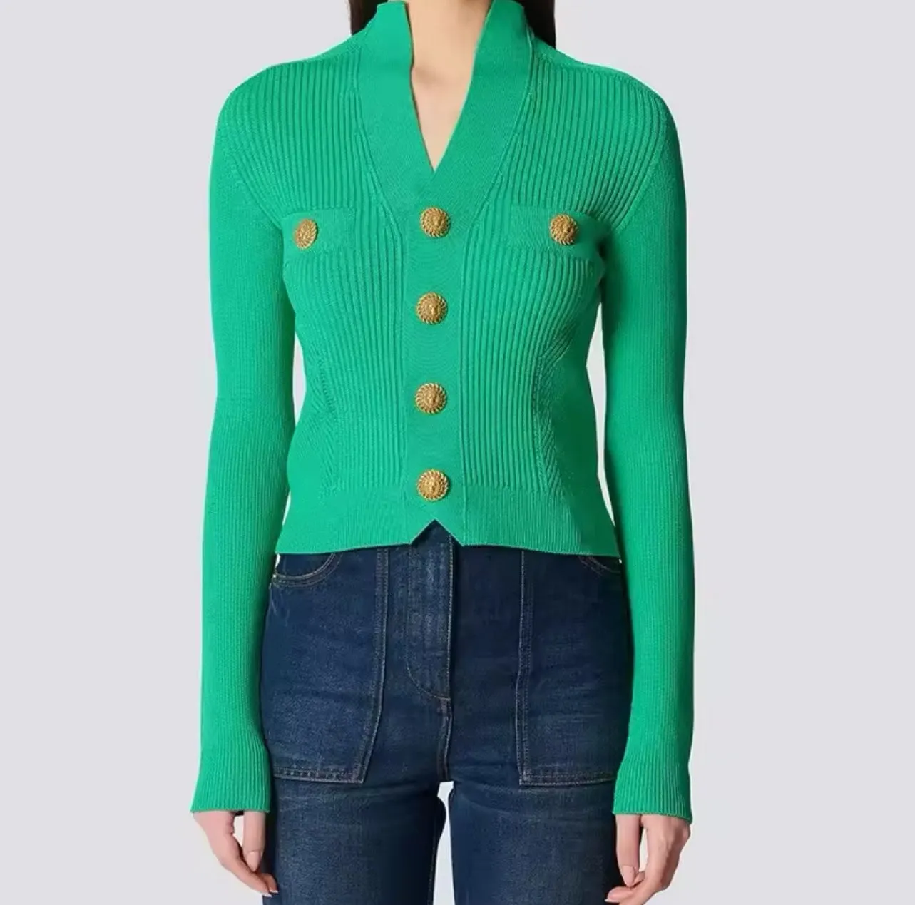 Green Knitwear Embellished Gold Buttons Top