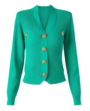 Green Knitwear Embellished Gold Buttons Top