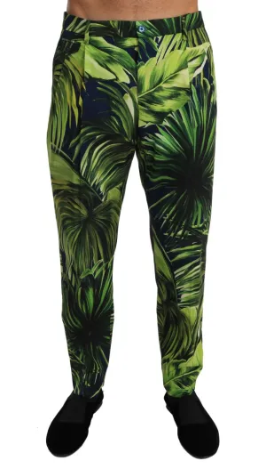 Green Leaves Print Cotton Slim Trousers Pants