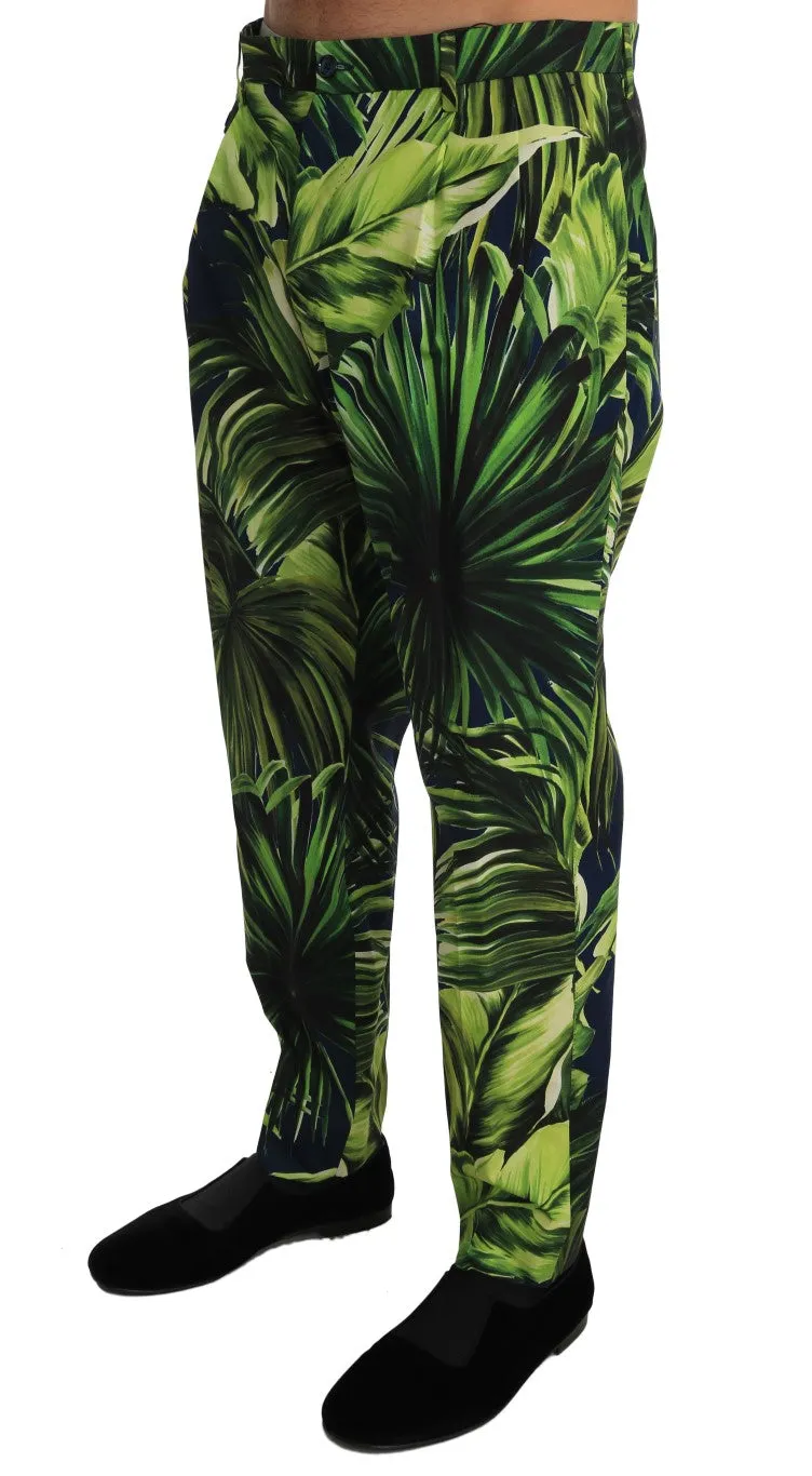 Green Leaves Print Cotton Slim Trousers Pants