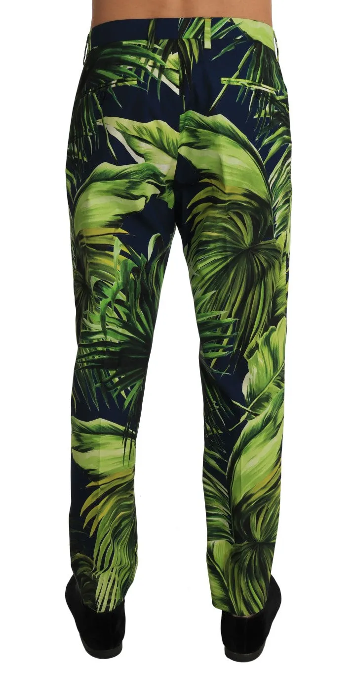 Green Leaves Print Cotton Slim Trousers Pants