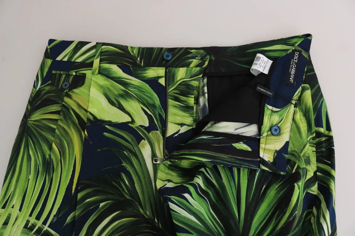 Green Leaves Print Cotton Slim Trousers Pants