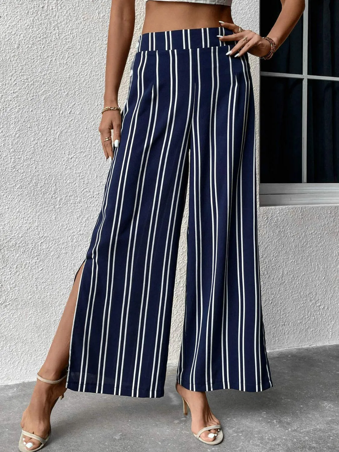 Hazel Blues® | Striped Slit Wide Leg Pants