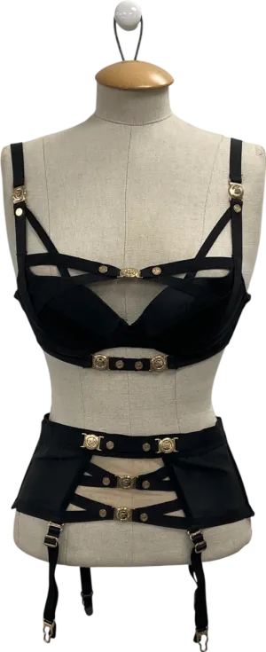 Honey Birdette Black Satin Push Up Bra And Suspender Set UK 32D