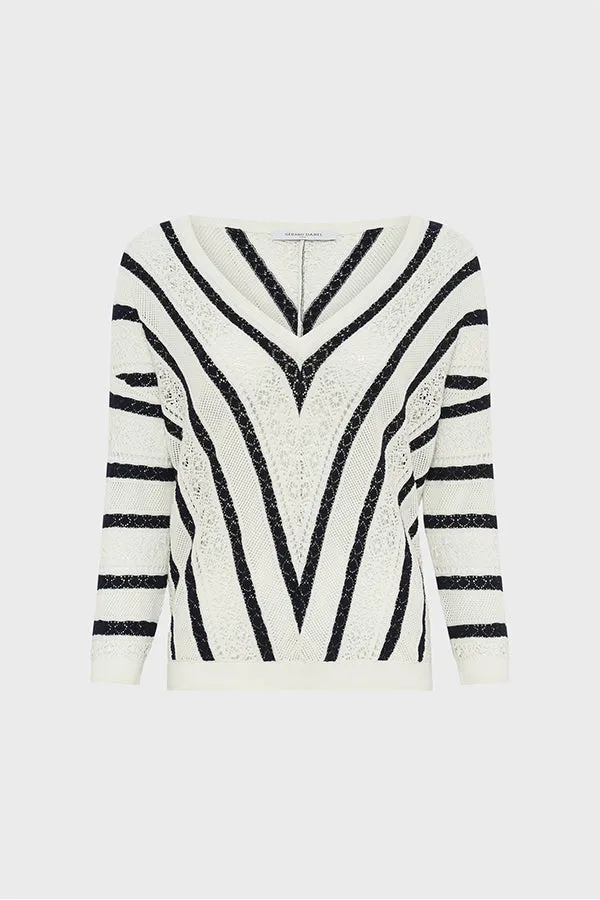 JOELLE LACE STRIPES V-NECK SWEATER