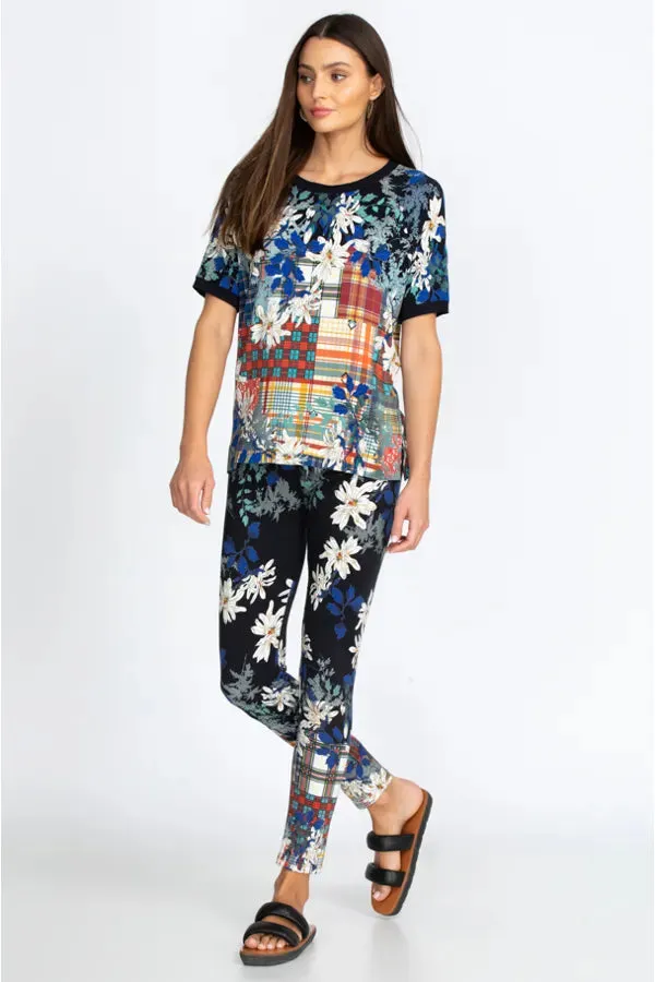 Johnny Was Ona Legging Pants Flowers Cotton Floral Leggings Dark Blue Large NEW