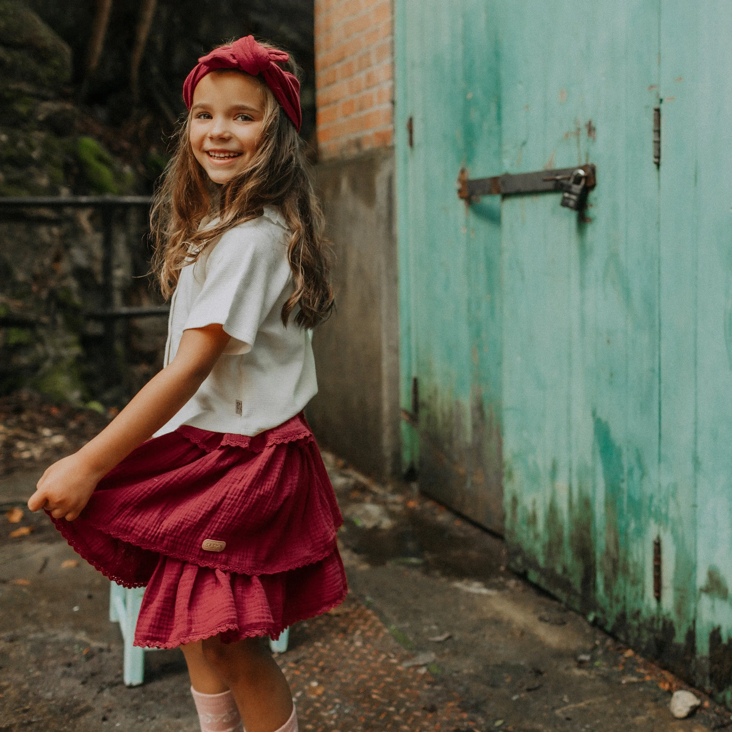 Jupe rouille en mousseline à volants étagés, enfant || Rust skirt in muslin with tiered ruffles, child