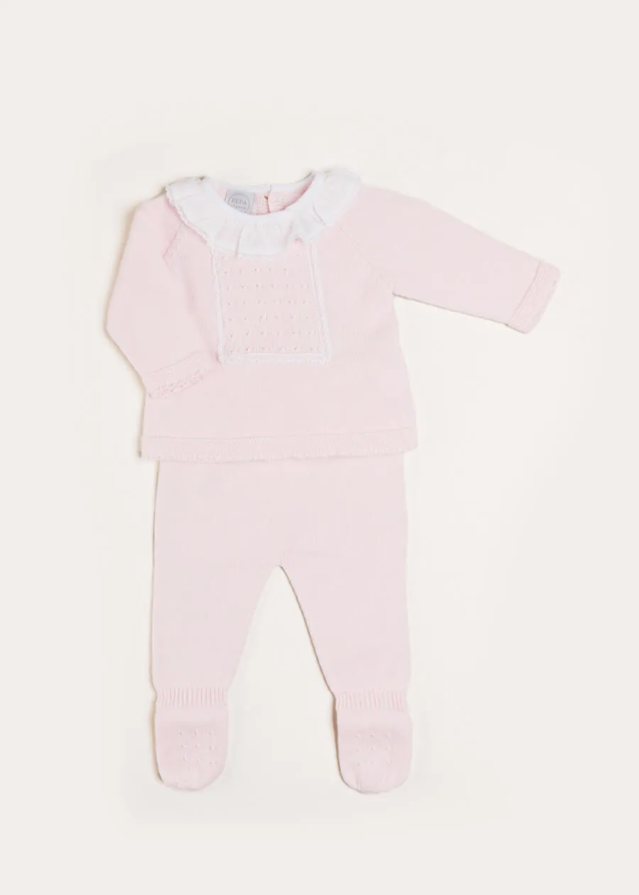 Lace Trim Ruffle Collar Knitted Set in Pink (1-6mths)