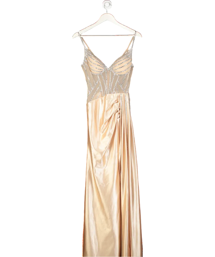 Ladivine Nude Embellished Mesh Corset Dress With Satin Skirt UK S